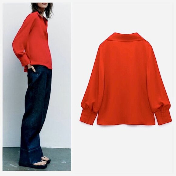 Zara Red Flowy Blouse Size Medium - Picture 2 of 10